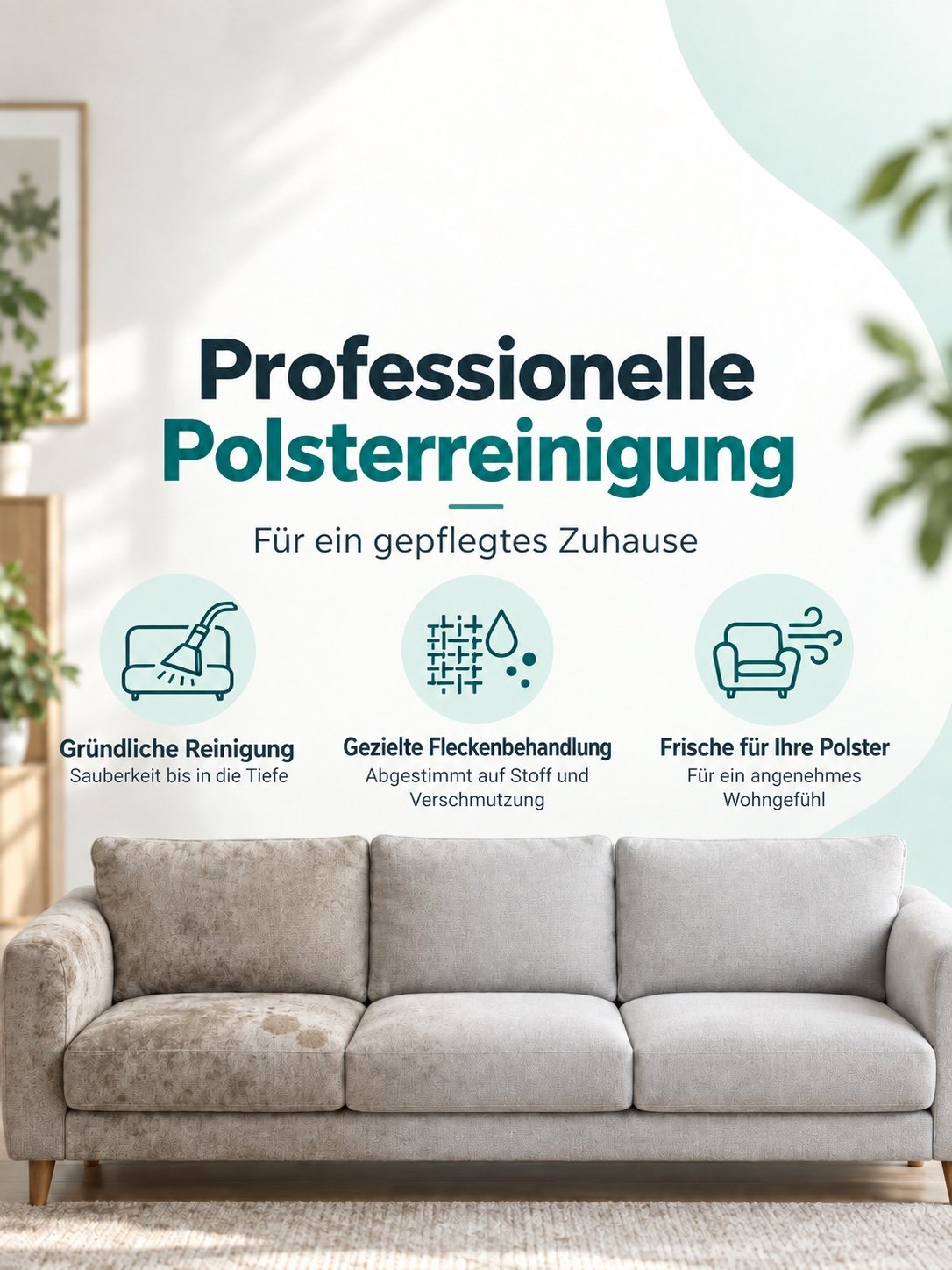 Illustration zur Polsterreinigung: gründliche Reinigung bis in die Tiefe, gezielte Fleckenbehandlung passend zu Stoff und Verschmutzung sowie Frische für Ihre Polster. Ein Sofa zeigt verschmutzte und gereinigte Bereiche.
